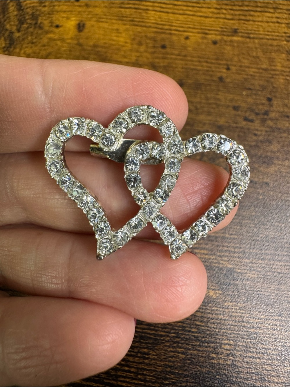 Vintage Double Heart Brooch - Clear Crystal, Silver Tone